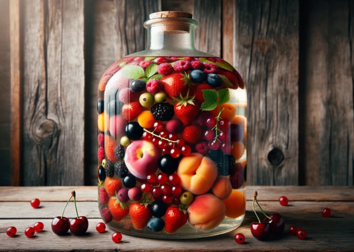 Бутыль с наливкой из различных ягод и фруктов, готовая к настаиванию