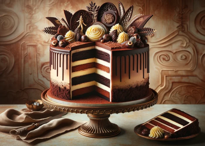торт Кора Шахзода на тарелке с кремовыми слоями, украшенный шоколадом и фруктами